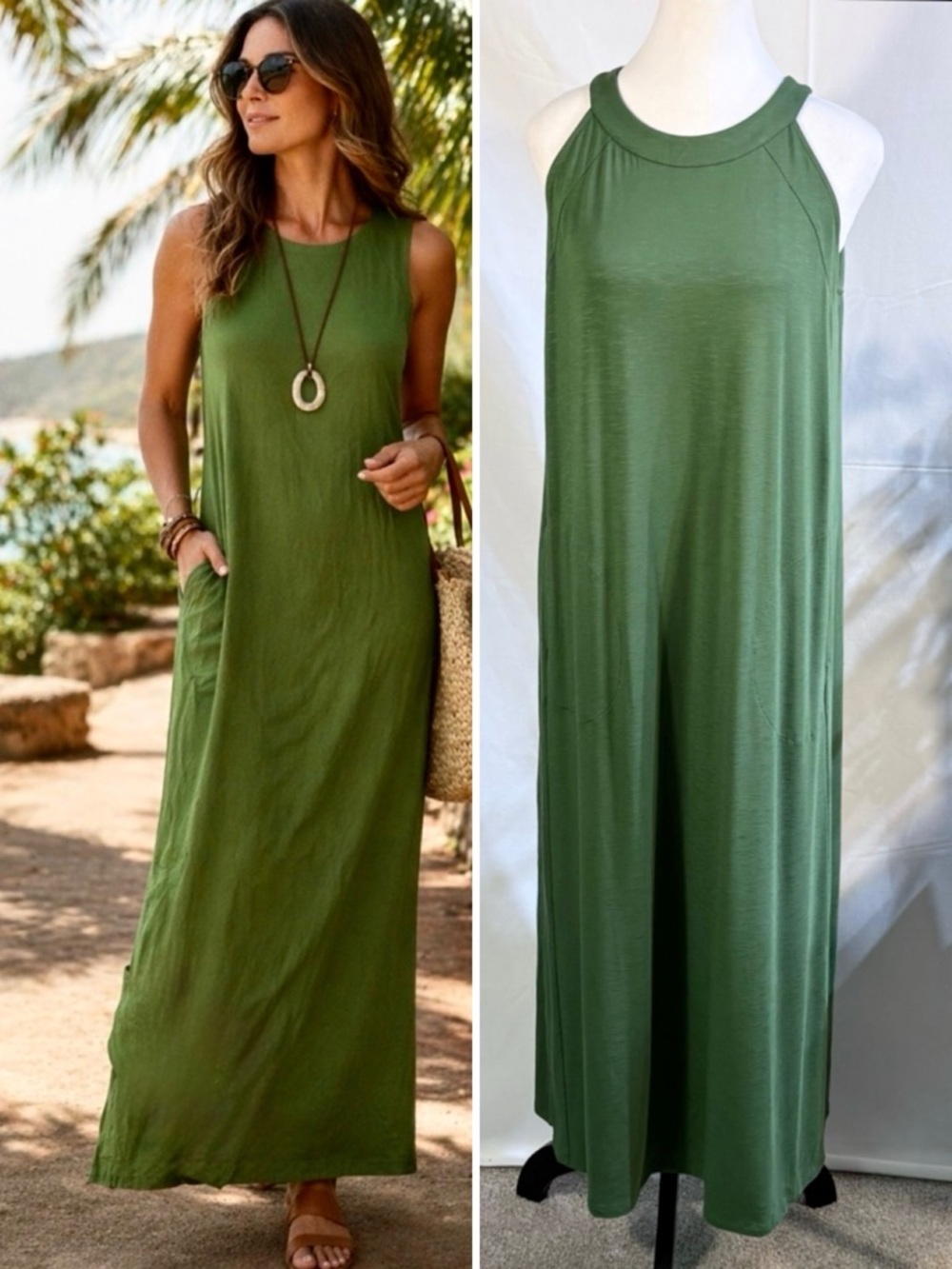 NWT J. Jill Palm Green Sleeveless Maxi Dress Pockets Sz Small Petite💛